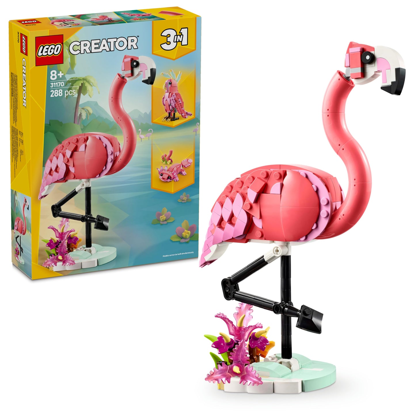 LEGO Creator 3'ü 1 Arada Vahşi Hayvanlar: Pembe Flamingo 31170 – 8 Yaş ve Üzeri Kız ve Erkek Çocukları için Kakadu Papağanı veya Aksolotl'a Dönüşebilen Yaratıcı Oyuncak Seti, Hediye Fikri (288 parça)