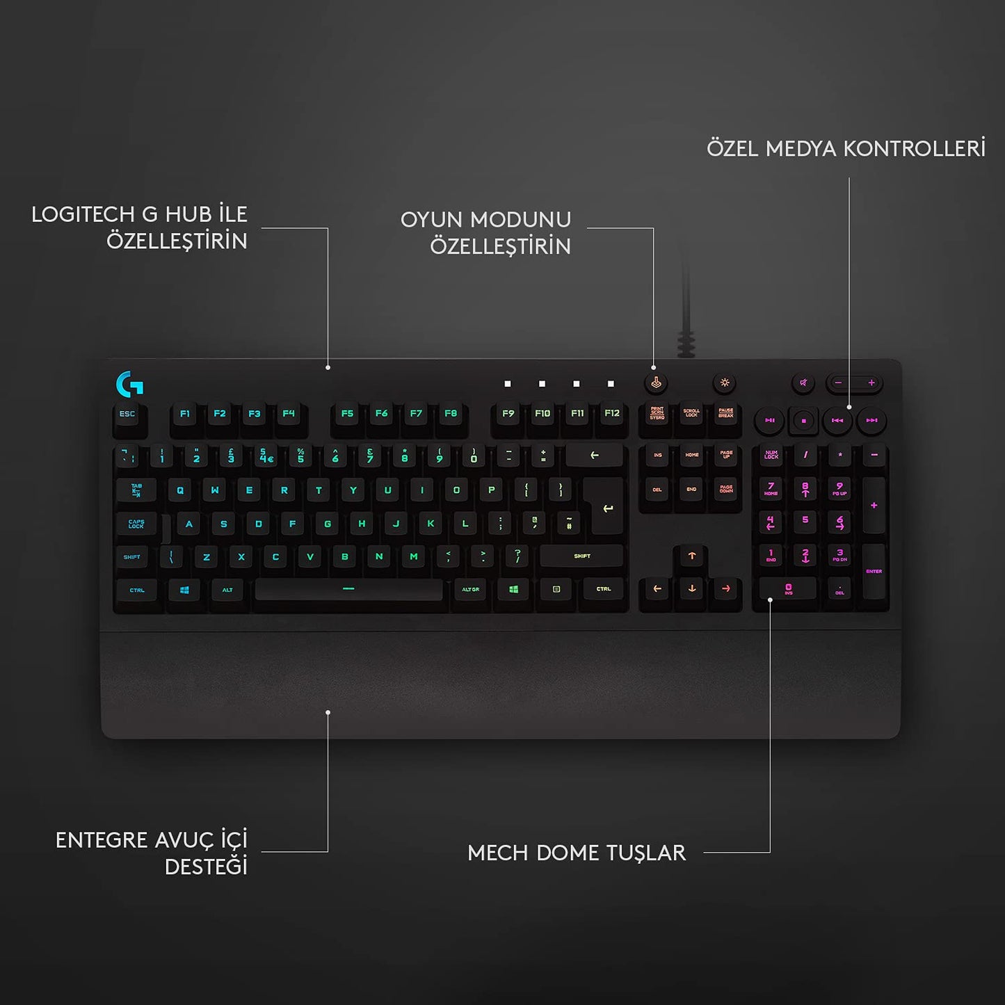 Logitech G G213 RGB Wired Gaming Keyboard, LIGHTSYNC Technology, Spill Resistant, Dedicated Media Controls, Turkish Q Keyboard, Black