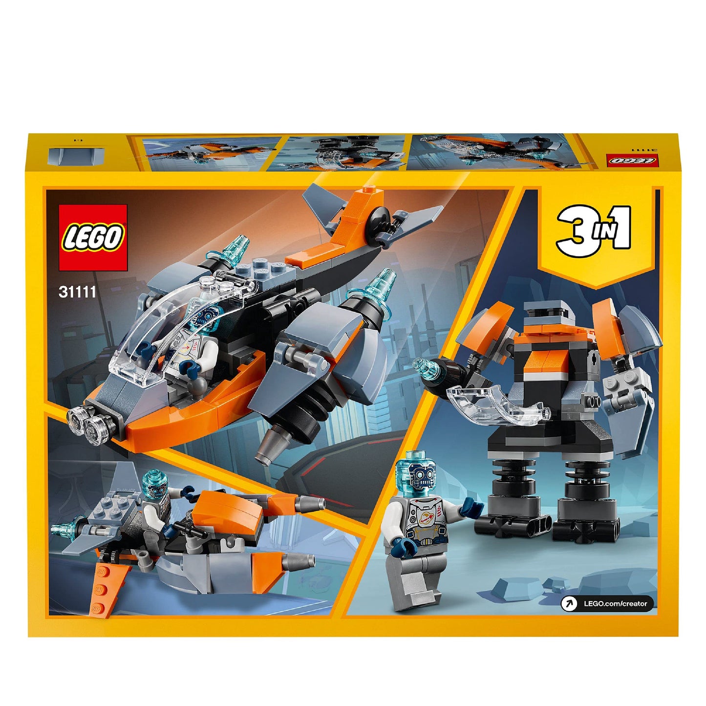 LEGO Creator 3’ü 1 Arada Siber İnsansız Hava Aracı 31111-6 Yaş ve Üzeri Çocuklar İçin Siber İnsansız Hava Aracı, Siber Robot ve Siber Motosiklet İçeren Yaratıcı Oyuncak Yapım Seti (113 Parça)